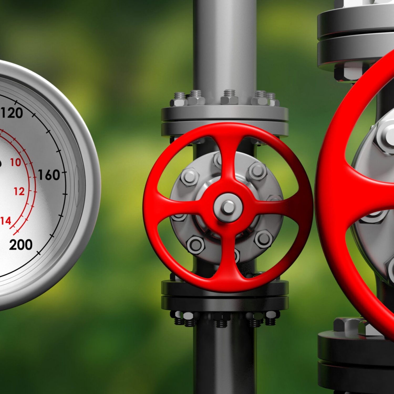 Industrial manometer, pipelines and valves on blur green background, 3d illustration